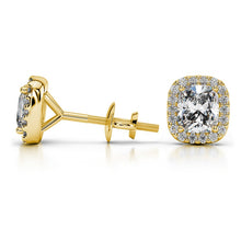 Load image into Gallery viewer, Halo Cushion Diamond Stud Earrings In Yellow 14K Gold
