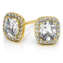 Load image into Gallery viewer, Halo Cushion Diamond Stud Earrings In Yellow 14K Gold
